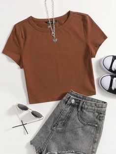 Marled Knit Solid Tee Coffee Brown Casual  Cap Sleeve Fabric Plain  Slight Stretch Summer Women Clothing, size features are:Bust: ,Length: ,Sleeve Length: Simple Style Outfits, White Crop Top Tank, Casual Cap, Latest T Shirt, Fashion Hacks Clothes, Simple Shirts, Coffee Brown, Women T Shirts, Girly Outfits