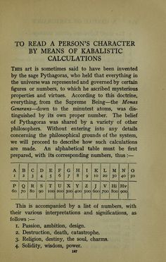 an old book with numbers and symbols on the page, in black ink that reads to read a person's character by means of raballistic calculations