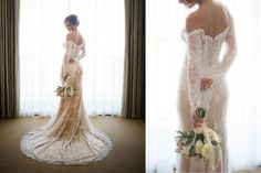 a woman in a wedding dress standing next to a window and holding a flower bouquet