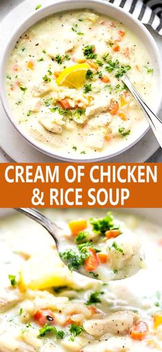 creamy chicken and rice soup in a white bowl