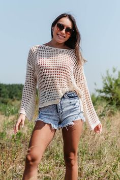 Miracle Clothing Crochet Sweater for Women in Beige | F118-BEIGE Crochet Summer Sweater, Crochet Sweater Outfit, Crochet Construction, Clothing Crochet, Crochet Top Outfit, Beach Sweater, Mesh Sweater, Perfect Sweater, Crochet Cover Up