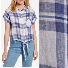 Timeless Plaid Top With A Contemporary Tie-Front. Details; Cropped Point Collar Rolled Cap Sleeves Button Front Chest Patch Pocket Self-Tie Waist Linen/Rayon Machine Wash Imported Size & Fit About 21" From Shoulder To Hem Model Shown Is 5'10" (177cm) Wearing Us Size Small Measurement (Laid Flat); Length: 20 1/2” Chest: 20” Casual Cotton Tie Neck Blouse, Casual Tie Neck Blouse, White Tie Neck Casual Tops, Casual White Tie Neck Tops, Casual Tie Neck Shirt For Workwear, Casual Cotton Tie-neck Blouse, Spring Button-up Flannel Shirt With Button Closure, Plaid Collared Single-breasted Top, Plaid Long Sleeve Top With Button Closure