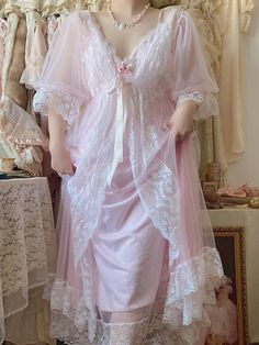 NEW STYLE[ch23y 8m 25d] Cute Pink Chiffon Dress, Pink Fairycore Dresses With Lace Trim, Cute Pink Dresses For Sleep, Korean Long Dress, Outfit Core, Vintage Fairy Dress, Princess Nightgowns, Nightgown Sets, Vintage Fairy