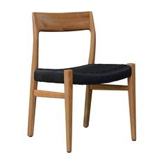 a wooden chair with a black seat pad on it's back and armrests