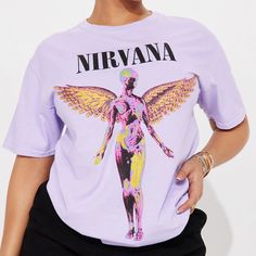 In Uteropurple Nirvana Graphic Crew Neck Band T-Shirt 100% Cotton Purple Graphic Tee With Relaxed Fit, Trendy Purple Top With Graphic Print, Lavender Top For Spring Streetwear, Purple Band Merch Top With Screen Print, Purple Band Merch Tops With Graphic Print, Purple Graphic Print Band Merch Tops, Purple Graphic Print Tops Band Merch, Purple Cotton Band Merch Tops, Purple Graphic Tee With Crew Neck