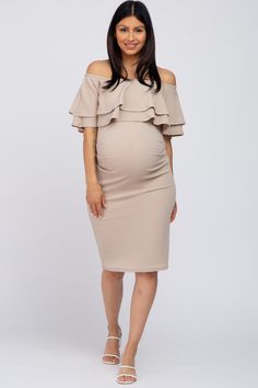 Spring Off-shoulder Maternity Dress, Elegant Maternity Ruched Dress, Elegant Maternity Dress With Ruched Detail, Elegant Ruched Maternity Dress, Chic Ruched Maternity Midi Dress, Chic Maternity Ruched Midi Dress, Elegant Summer Maternity Dress With Ruched Details, Elegant Ruched Maternity Dress For Summer, Elegant Maternity Midi Dress With Ruffles