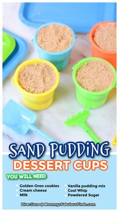 Sand Pudding Dessert Cups Bakersman Ideas, Sand Pudding Dessert, Pool Treats, Pudding Dessert Cups, Beach Theme Desserts, Golden Oreo Cookies, School Party Snacks, Sand Dessert, Beach Themed Birthday Party