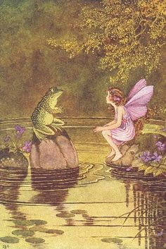 a fairy sitting on top of a rock next to a frog in the water,