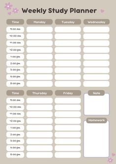 a printable weekly planner is shown with the date and time for each month on it