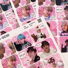 several stickers with images of btob members and hello kitty characters on them, all in pink