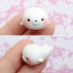 two pictures of a small white animal charm