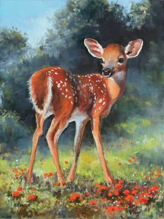 a painting of a deer standing in the grass with red flowers on it's side