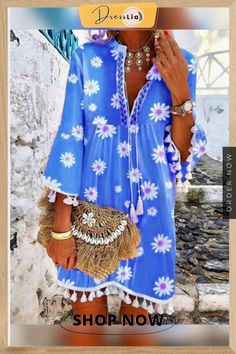 Women Boho Holiday Floral Tassel Sweet V Neck A-lined Mini Summer Dresses Spring Beach Cover-up Dress With Tassels, Spring Bohemian A-line Mini Dress, Spring Vacation Knee-length Boho Dress, Spring Beach Printed Mini Dress, Summer V-neck Mini Dress With Tassels, Spring Printed Boho Dress As Beach Cover-up, Spring Mini Dress With Tassels, Spring Boho Dress Printed For Beach Cover-up, Bohemian Mini Dress With Tassels For Spring