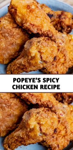 two pictures of fried chicken on a plate with the words pope's spicy chicken recipe