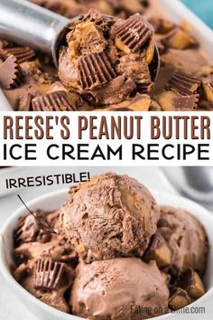 two pictures showing how to make homemade peanut butter ice cream in a white bowl with text overlay