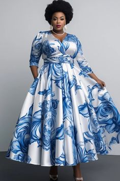 Xpluswear Design Plus Size Formal Blue Floral V Neck Long Sleeve Pleated Pocket Satin Maxi Dresses [Pre-Order] Long Round Dresses Kitenge, Floral Satin Dress Designs, Vitenge Dresses Designs Unique, Plus Size Apple Shape Outfits, Plus Size Formal Dresses For Wedding, Long Classy Dresses, African Dresses For Women Church, Party Dress Classy Elegant, Satin Dress With Sleeves