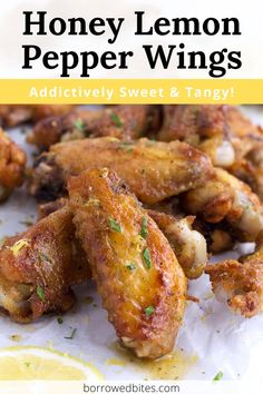 honey lemon pepper wings with text overlay