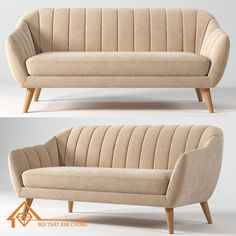 two different views of a beige couch with wooden legs and armrests, one showing the