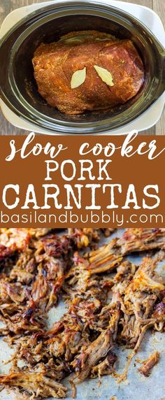 slow cooker pork carnitass in a crock pot with text overlay