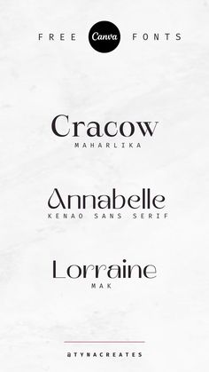 four different types of font and numbers on a white sheet with black lettering that reads, cracow, amabellale, lora, lorainne, free font