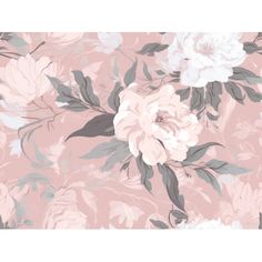 a pink floral wallpaper with white and grey flowers on it's side,