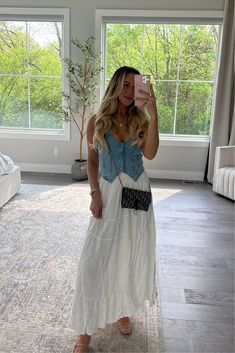 AE High-Waisted Tiered Maxi Skirt curated on LTK Neutral Country Outfit, Long Skirt Outfits Western, Jalisco Mexico Outfits, Cowgirl Bridal Shower Outfit, Country Maxi Skirt Outfit, Long Skirt Country Outfit, Western Winery Outfit, White Maxi Shirt Outfit, Long Skirt Vest Outfit