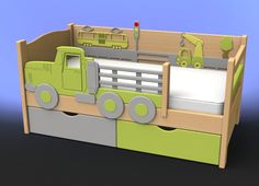 a wooden toy truck bed with green and gray drawers on the bottom, in front of a blue background