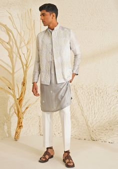 Grey Ombre Silk Waistcoat Set Shreyansh - Fabilicious Fashion Formal Spring Nehru Jacket With Zari Work, Designer Spring Wedding Kurta, Spring Reception Fitted Nehru Jacket, Spring Reception Embroidered Nehru Jacket, Spring Embroidered Nehru Jacket For Reception, Elegant Designer Wear Nehru Jacket For Spring, Elegant Designer Nehru Jacket For Spring, Elegant Nehru Jacket For Designer Wear In Spring, Elegant Spring Designer Nehru Jacket