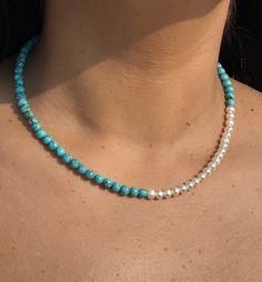 Cherry Necklace with Freshwater pearls and natural turquoise beads Features Length - 16.5 in with clasp Gemstones - freshwater pearls, natural turquoise beads Clasp - white metal Cherry Necklace, Tibetan Turquoise, Turquoise Bead Necklaces, Beaded Necklaces, Natural Turquoise, Turquoise Beads, White Metal, Bead Necklace, Fresh Water