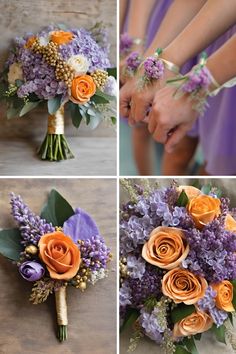 four pictures of different bouquets with orange and purple flowers