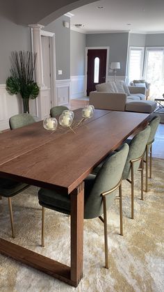 Dinner table green chairs dinner dining room Dining Room Ideas Green Chairs, Dining Room Decor Green Chairs, Dining Room Decor Earth Tones, West Elm Kitchen Table, Dining Room Chairs For Dark Wood Table, Dark Wood Dining Table With Green Chairs, Dining Room Design Green Chairs, Brown Table Living Room, Dining Room Decor Light Wood Floor