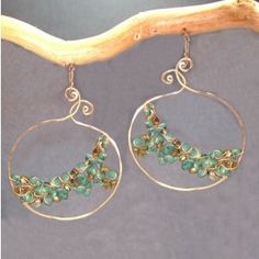 Luxe Bijoux 202 Hammered swirl hoops with by CalicoJunoJewelry Green Bohemian Hoop Jewelry, Bohemian Green Hoop Jewelry, Unique Green Hoop Jewelry, Hand Wrapped Green Sterling Silver Jewelry, Green Wire Wrapped Nature-inspired Jewelry, Green Nature-inspired Wire Wrapped Jewelry, Unique Green Spiral Jewelry, Green Hammered Bohemian Jewelry, Green Sterling Silver Hammered Jewelry