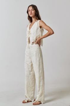 FLORAL EMBROIDERY FRONT TIE SLEEVELESS TOP - TWO PIECE SETS - 65%POLYESTER 35%TENCEL Set Pants And Top, 2 Piece Floral Dress, Two Set Outfits Pants, Two Piece Wedding Outfit, Matching Set Pants, Resort Clothes, Bridal Two Piece Set, White Party Outfits, Two Piece Set Outfits