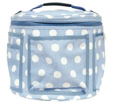 a blue and white polka dot lunch bag