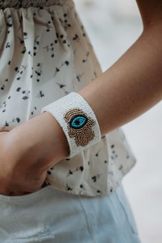 1.5" in diameter felt back seed beaded White Beaded Evil Eye Bracelet, Evil Eye Beaded Bangle Bracelet, Evil Eye Seed Bead Bracelet, Evil Eye Seed Bead Necklace, White Hand-strung Evil Eye Bracelet With Round Beads, White Evil Eye, Open Cuff Bracelet, Jewel Necklace, Boutique Homes