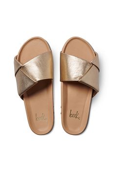 Leather upper, insole Rubber sole Slip-on styling Imported | Tori Sandals by beek in Gold, Women's, Size: 8, Leather/Rubber at Anthropologie Gold Leather Beach Slides, Gold Leather Slides For The Beach, Gold Leather Flat Flip Flops, Shoe Shop, Shoe Brands, Rubber Sole, Anthropologie, Leather Upper, Slip On