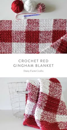 crochet red gingham blanket with balls of yarn next to it on a white surface