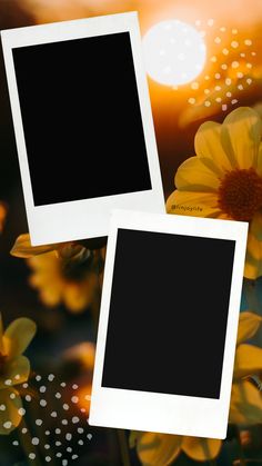 two polaroid frames sitting next to each other with yellow flowers in the foreground