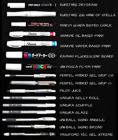 the different types of pens are displayed on a black background