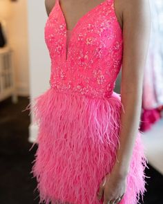 V-Neck Hot Pink Feathers Short Homecoming Dress Mini Dress With Feather Trim For Homecoming, Feathered Dresses For Homecoming, Feather Trim Dresses For Homecoming And Prom Season, Feather Trim Dress For Homecoming And Prom, Feather Trim Dress For Homecoming And Prom Season, Sleeveless Mini Dress With Feather Trim For Prom, Feather Trim Mini Dress For Prom, Feather Trim Mini Dress For Prom Season, Glamorous Feathered Mini Dress For Homecoming