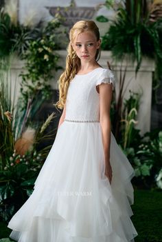 Teter Warm Couture Girls Lace Tulle Communion Special Occasion Dress Elegant Fitted First Communion Dress With Lace Trim, Lace Dress With Fitted Bodice For First Communion, Elegant Dress With Lace Sleeves For Confirmation, Elegant First Communion Dress With Lace Sleeves, Elegant Gown With Lace Bodice For Confirmation, Elegant Lace Dress With Lace Bodice For Confirmation, Elegant Lace Bodice Dress For Confirmation, Elegant Scalloped Lace Dress For Confirmation, Fitted First Communion Dress With Lace Sleeves