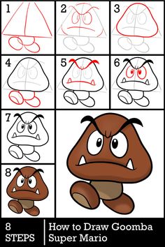 step by step drawing instructions for kids to learn how to draw gomba from super mario