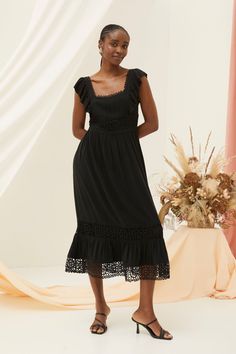 From golden-hour parties to spring afternoon weddings, our Hibiscus midi dress is a match made in lace, ideal for the social calendar of the season. Boasting an intricate border and trimming, floaty frill sleeves and pleated skirt, it looks and feels like a dream. Crafted with TENCEL Lyocell, making it better for the environment, it's the dress that does it all. Pair with a small heels and your go-to clutch and get ready to turn heads. Machine washable. Main 62% TENCEL lyocell, 38% Viscose. Lini Small Heels, Spring Afternoon, Social Calendar, Afternoon Wedding, Black Lace Midi Dress, Frill Sleeves, Lace Midi, Fat Face, Wedding Guest Dress Summer