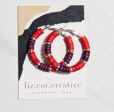 + Style name: Patriotic Stripes + beaded hoop earrings with White, Red and Blue heishi beads  + Hoops are 1 1/2" diameter + silver hoops with lever back closure see more liz.cor.creative beaded hoop earrings here https://www.etsy.com/shop/lizcorcreative?ref=seller-platform-mcnav§ion_id=42427009 + All lizcorcreative hoop earrings will come packaged on a hand-stamped kraft earring card in a clear sealed bag Free Domestic Shipping Follow along Instagram https://www.instagram.com/lizcorcreative/ Fac Handmade Red Hoop Earrings For Everyday, Red Handmade Hoop Earrings For Everyday, Small Red Hoop Earrings For Everyday Wear, Red Small Hoop Earrings For Everyday, Red Hoop Jewelry For Everyday, Everyday Red Hoop Jewelry, Handmade Red Heishi Beads Jewelry, Adjustable Nickel-free Red Hoop Earrings, Round Heishi Beads Earrings Gift