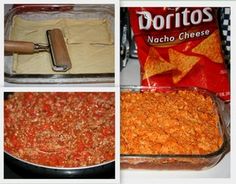 four pictures showing different stages of making nachos