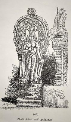 an old drawing of a statue with a woman on it