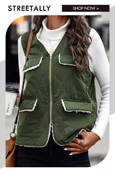 Casual Fashion Zipper V Leader Green Vest Cotton Vest Coats Green V-neck Vest For Winter, Military Style Sleeveless Cotton Vest, Green Military Sleeveless Vest, Khaki Military Vest With Pockets, Military Cotton Vest With Cargo Pockets, Green Vest, Cotton Vest, Vest Coat, Quilted Vest