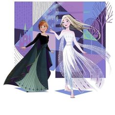 two frozen princesses standing next to each other in front of a purple and blue background