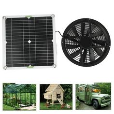 the solar powered fan is next to pictures of chickens and an old green truck in front of it