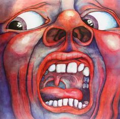 a painting of an evil looking person with his mouth open and eyes wide open in front of him